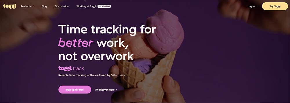 screen shot of Toggl's website home page